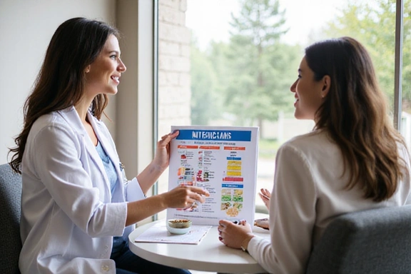 Nutricionista explicando un plan de alimentación personalizado a un paciente en una consulta.