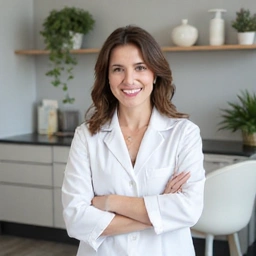 Professional portrait of a female nutritionist with a warm smile.